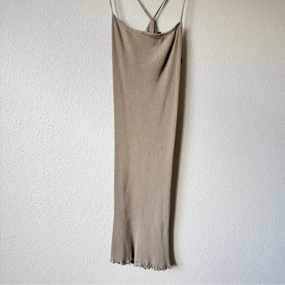 Priscavera Tan Ribbed Square Neck Mini Dress Womens S Strappy Summer Casual